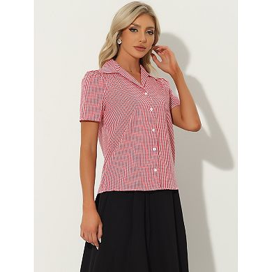 Summer Gingham Blouse For Women Short Sleeve Vintage Button Down Plaid Shirt Top