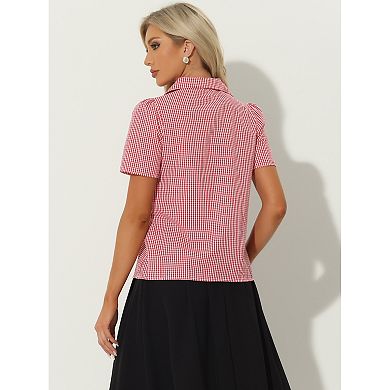 Summer Gingham Blouse For Women Short Sleeve Vintage Button Down Plaid Shirt Top