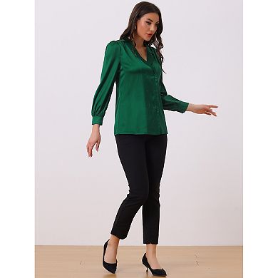 Work Business Casual Button Down Shirt For Women Satin Long Sleeve Blouse