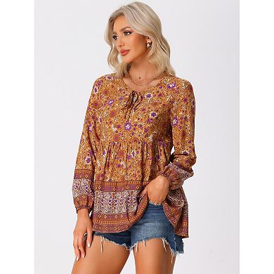 Casual Boho V Neck Top For Women Loose Floral Printed Long Sleeve Beach Tunic Blouses