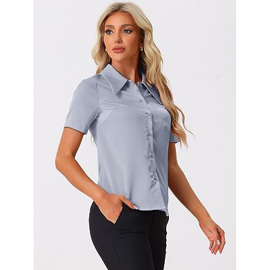 Button Down Shirt For Women Short Sleeve Collared Tops Work Office Satin Blouse