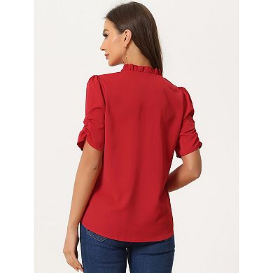 Ruffled Collar Blouse For Women Casual Office Shirred Sleeve Elegant Top