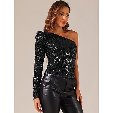 Sparkly Sequin Top For Women One Shoulder Puff Long Sleeve Shimmer Tops