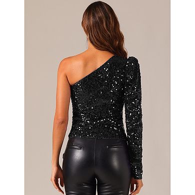 Sparkly Sequin Top For Women One Shoulder Puff Long Sleeve Shimmer Tops