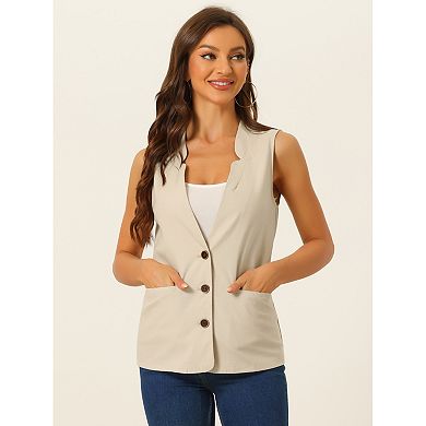 Cotton Linen Vest For Women Casual V Neck Button Down Sleeveless Jacket