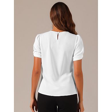 Ruched Sleeve Blouse For Women Pleated Front Round Neck Top