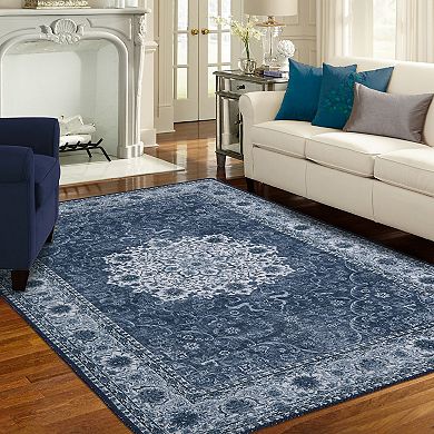 Glowsol Machine Washable Floral Medallion Area & Vintage Throw Carpet Rug