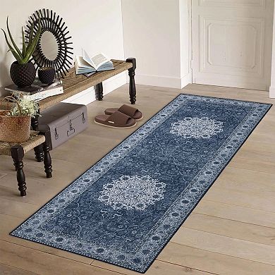 Glowsol Machine Washable Floral Medallion Area & Vintage Throw Carpet Rug