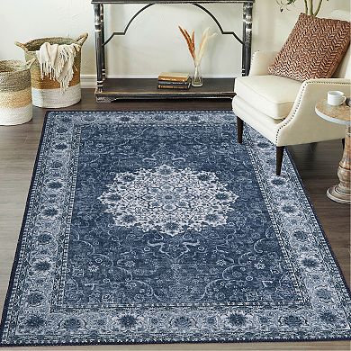 Glowsol Machine Washable Floral Medallion Area & Vintage Throw Carpet Rug