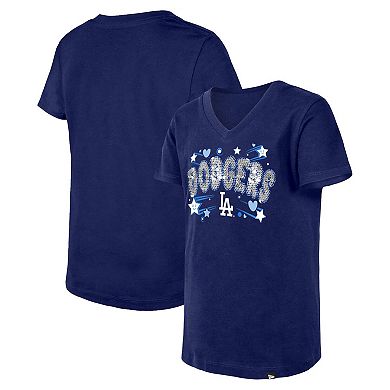Girls Youth New Era Royal Los Angeles Dodgers Sequin V-Neck T-Shirt