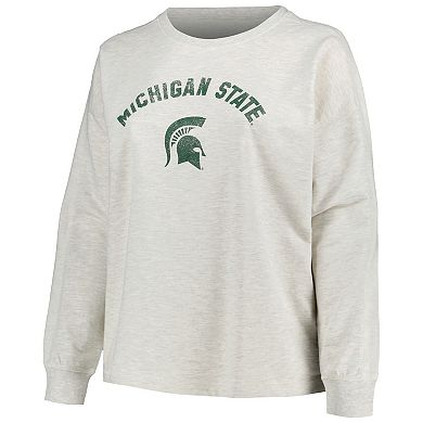 Women's Profile Oatmeal Michigan State Spartans Distressed Arch Over Logo Neutral Boxy Pullover Sweatshirt