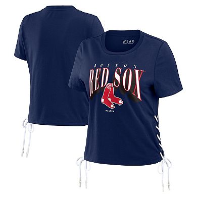 Women's WEAR by Erin Andrews Navy Boston Red Sox Side Lace-Up Cropped T-Shirt