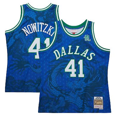 Men's Mitchell & Ness Dirk Nowitzki Blue Dallas Mavericks 1998-2019 Hardwood Classics Asian Heritage 6.0 Swingman Throwback Player Jersey