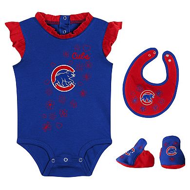 Girls Newborn & Infant Outerstuff Royal Chicago Cubs Happy Baseball Bodysuit, Bib & Bootie Set