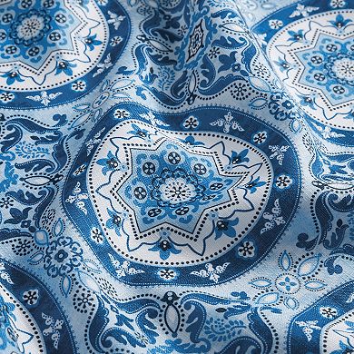 Vietri Medallion Blue Block Print Stain & Water Resistant Indoor/outdoor 70" Round Tablecloth