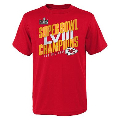 Youth  Red Kansas City Chiefs Super Bowl LVIII Champions Iconic Victory T-Shirt