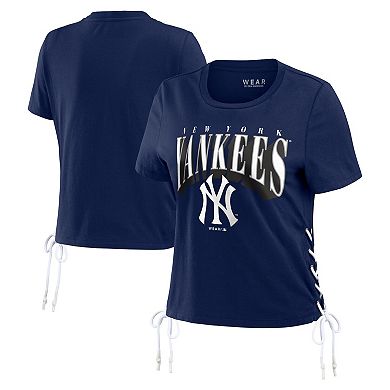 Women's WEAR by Erin Andrews Navy New York Yankees Side Lace-Up Cropped T-Shirt