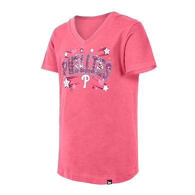 Girls Youth New Era Pink Philadelphia Phillies Sequin V-Neck T-Shirt