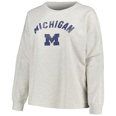 Women's Profile Oatmeal Michigan Wolverines Distressed Arch Over Logo Neutral Boxy Pullover Sweatshirt