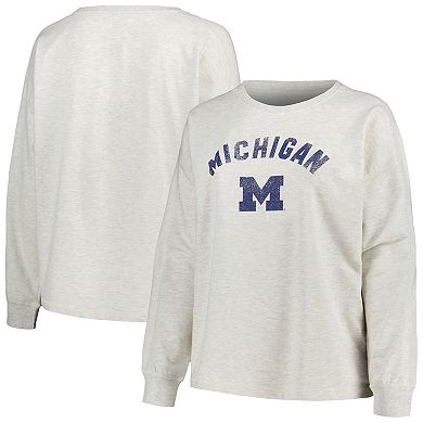 Women's Profile Oatmeal Michigan Wolverines Distressed Arch Over Logo Neutral Boxy Pullover Sweatshirt