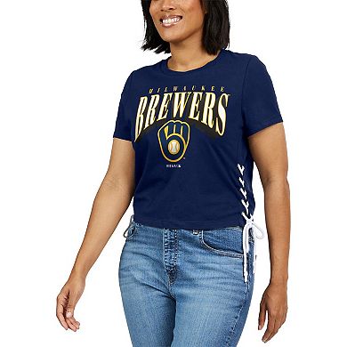 Women's WEAR by Erin Andrews Navy Milwaukee Brewers Side Lace-Up Cropped T-Shirt
