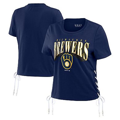 Women's WEAR by Erin Andrews Navy Milwaukee Brewers Side Lace-Up Cropped T-Shirt