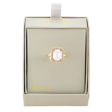 City Luxe Gold Tone Pink Opal Crystal & Cubic Zirconia Halo Ring