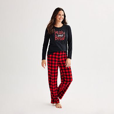 Women's Jammies For Your Families® Merry & Bright Buffalo Plaid Pajama Top & Fleece Wide Leg Pajama Bottoms Set