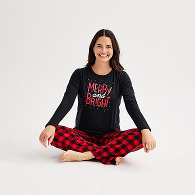 Women's Jammies For Your Families® Merry & Bright Buffalo Plaid Pajama Top & Fleece Wide Leg Pajama Bottoms Set