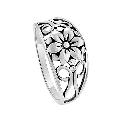PRIMROSE Sterling Silver Polished Oxidized Flower Graduated Band Ring