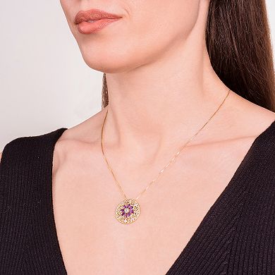 18K Gold Over Silver Genuine African Amethyst and Diamond Accent Mandala Medallion Pendant