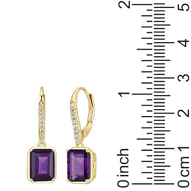 18K Gold Over Silver Genuine Amethyst and White Topaz Leverback Earrings