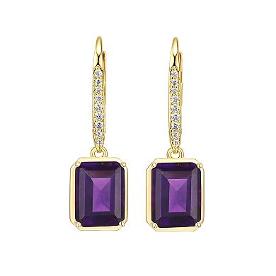 18K Gold Over Silver Genuine Amethyst and White Topaz Leverback Earrings