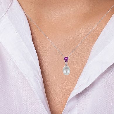 PearLustre by Imperial Sterling Silver Freshwater Cultured Pearl & Lab-Created Pink and White Sapphire Pendant Necklace