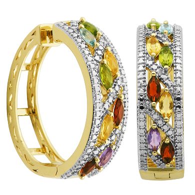Gold Tone Semi-Precious Rainbow Gemstone Bangle Bracelet and Hoop Earring Set