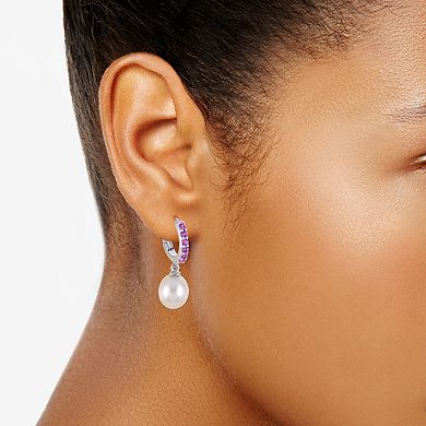 PearLustre by Imperial Sterling Silver Freshwater Cultured Pearl & Lab-Created Pink Sapphire Hinged Hoop Earrings