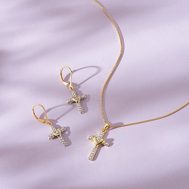 18K Gold Over Sterling Silver Diamond Accent Cross Earrings and Pendant Necklace Set