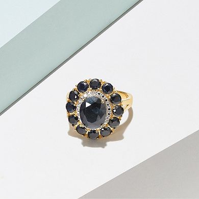 18k Gold Over Sterling Silver Black Sapphire and Diamond Accent Halo Ring