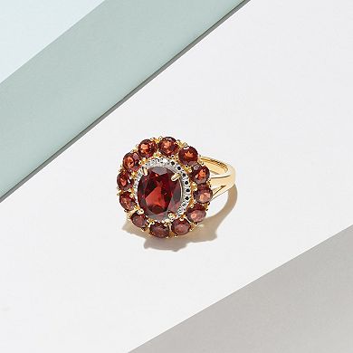 18K Gold Over Silver Genuine Garnet and Diamond Accent Halo Ring