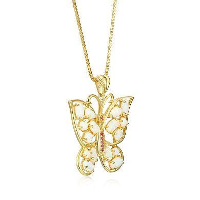 18K Gold Over Silver Created Opal and Created Pink Sapphire Butterfly Pendant