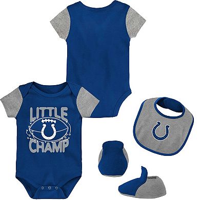Newborn & Infant Royal/Gray Indianapolis Colts Little Champ Three-Piece Bodysuit Bib & Booties Set
