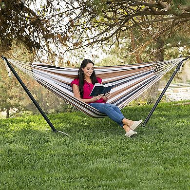 Portable Cotton Hammock In Desert Strip With Metal Stand And Carry Case