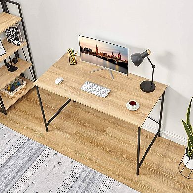 Modern Home Office Computer Desk Table With Black Metal Frame Wood Top In Oak