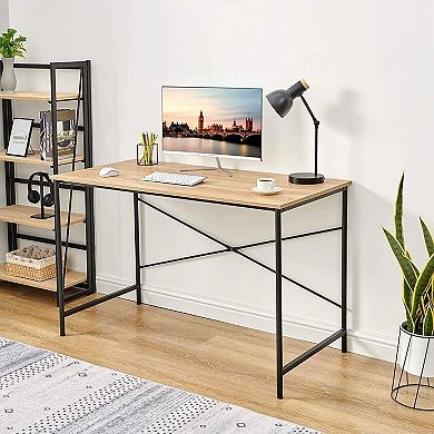 Modern Home Office Computer Desk Table With Black Metal Frame Wood Top In Oak