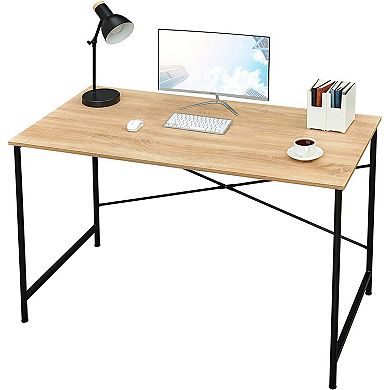 Modern Home Office Computer Desk Table With Black Metal Frame Wood Top In Oak