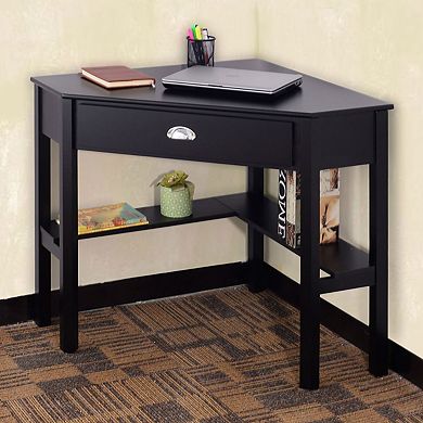 Corner Black Wood Computer Desk With Drawer