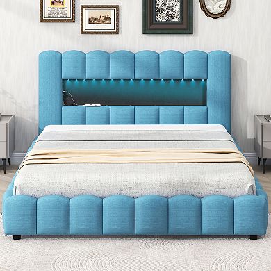Merax Queen Size Upholstered Platform Bed With Led Headboard