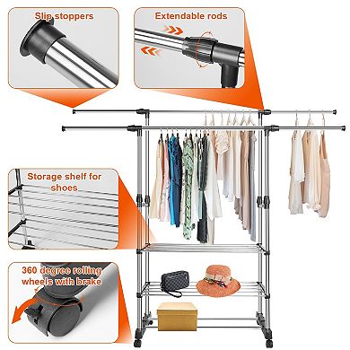 Silver, Extendable Garment Hanging Rack Clothing Rail With Rolling Wheels, Holds Up To 77lbs