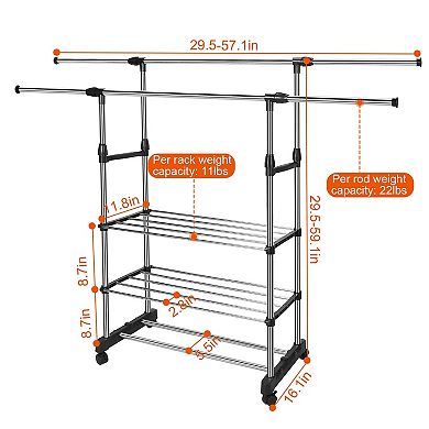 Silver, Extendable Garment Hanging Rack Clothing Rail With Rolling Wheels, Holds Up To 77lbs