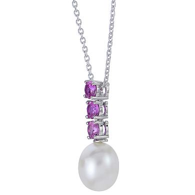 PearLustre by Imperial Sterling Silver Freshwater Cultured Pearl & Lab-Created Pink Sapphire Pendant Necklace